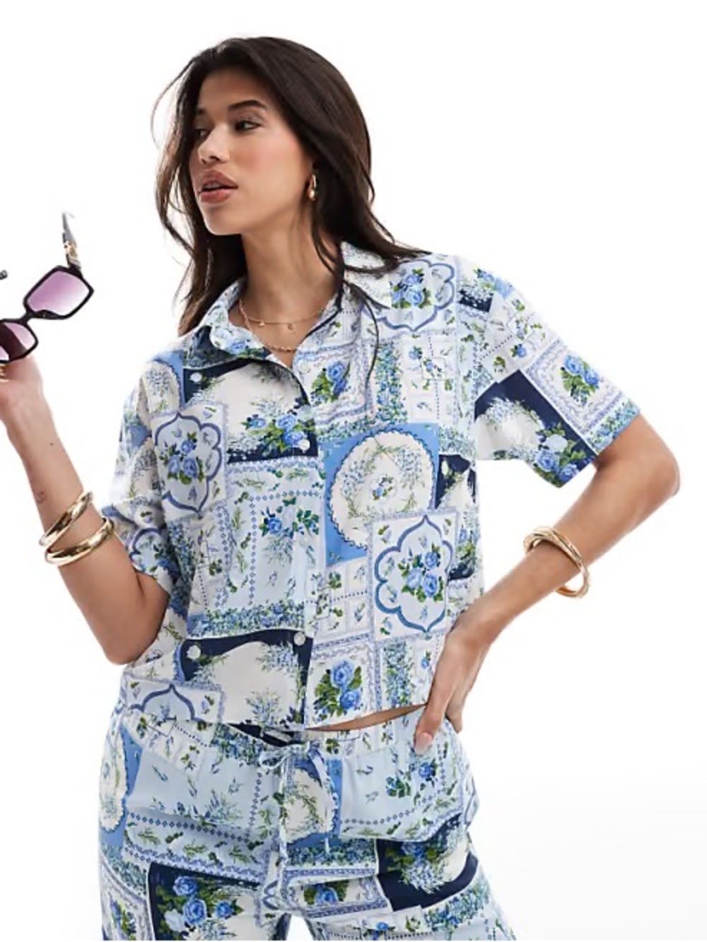 Abercrombie Blue Floral Patchwork Button-Up Shirt - Picture 1 of 4